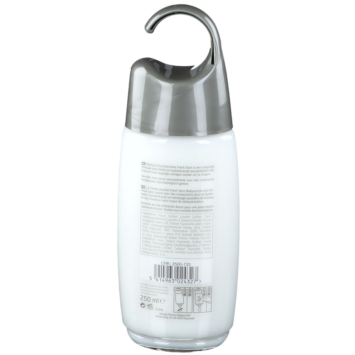 Rückseite des Bodysol Duschgel-Flakons. Text in mehreren Sprachen, Inhaltsstoffe und Strichcode.