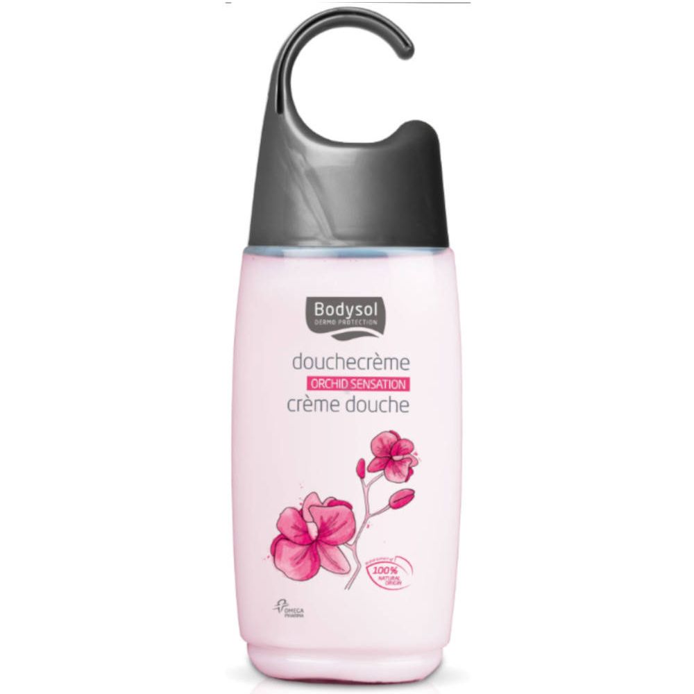 Rosa Duschcreme-Flasche mit schwarzem Aufhänger. Aufschrift: Bodysol, Duschcreme Orchidee. Abbildung einer Orchidee.