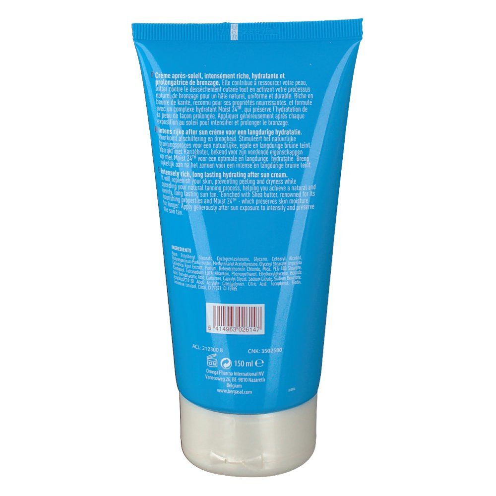 Blaue Tube mit weißem Verschluss. Rückseite mit Text in mehreren Sprachen. Unten steht "150 ml".