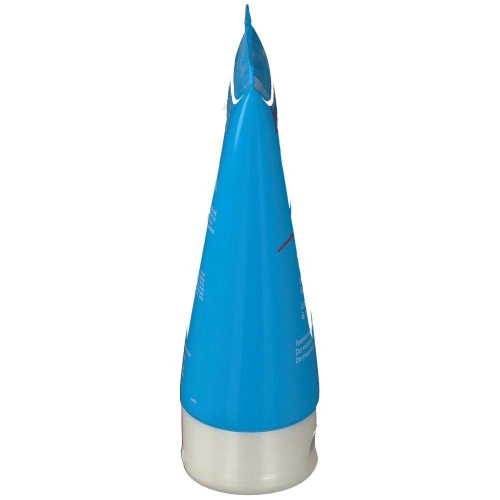 Blaue Tube, schräg von unten gesehen. Oben spitz zulaufend, mit Aufhängevorrichtung. Unten weißer Verschluss.