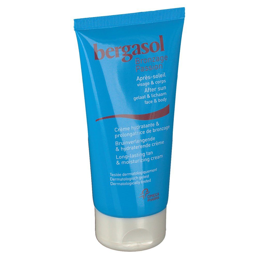 Blaue Tube mit weißem Verschluss. Aufschrift "bergasol Bronzage Passion". Text in mehreren Sprachen.