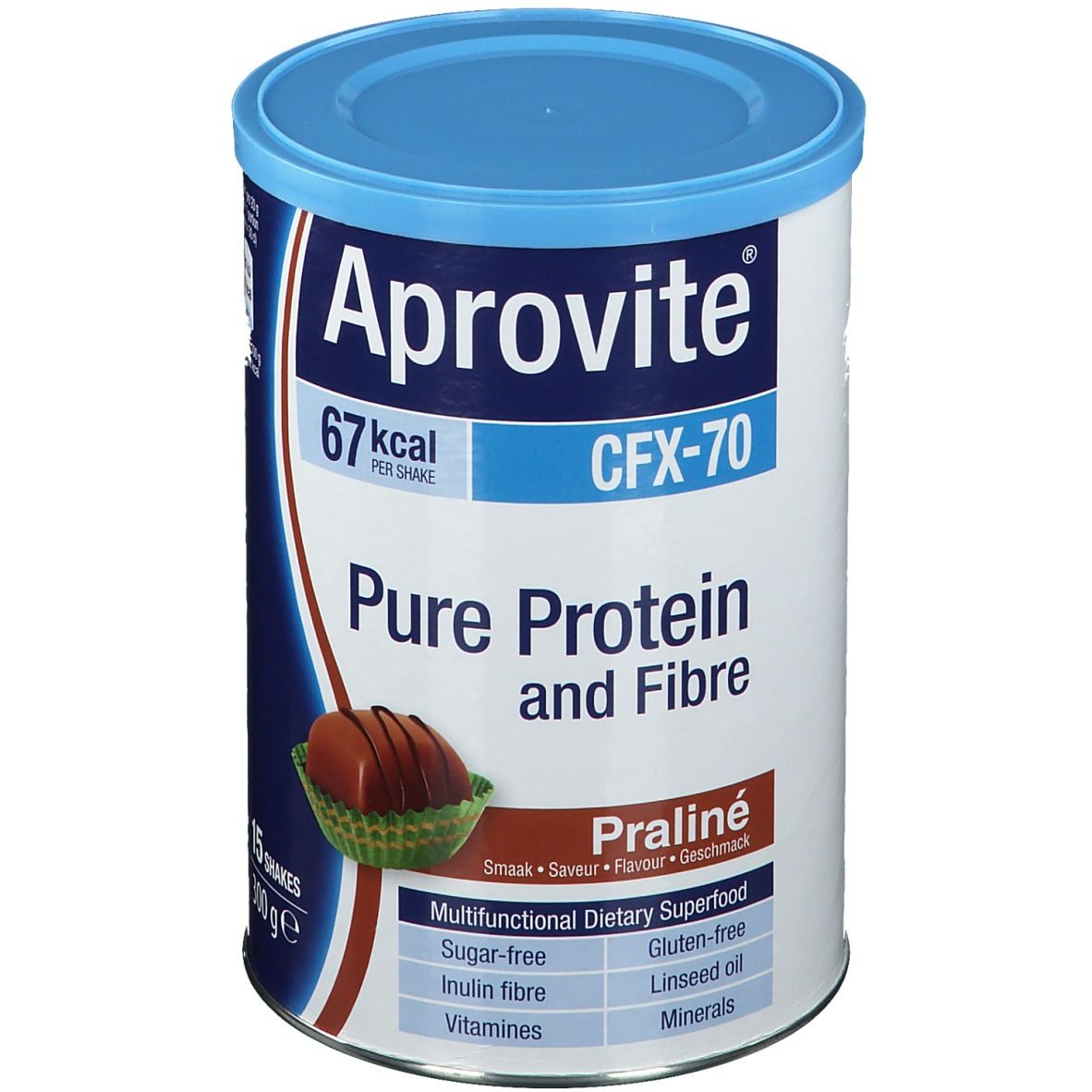 Boîte Aprovite CFX-70 avec couvercle bleu. Inscription: Pure Protein and Fibre, Praliné. Contient 15 portions.