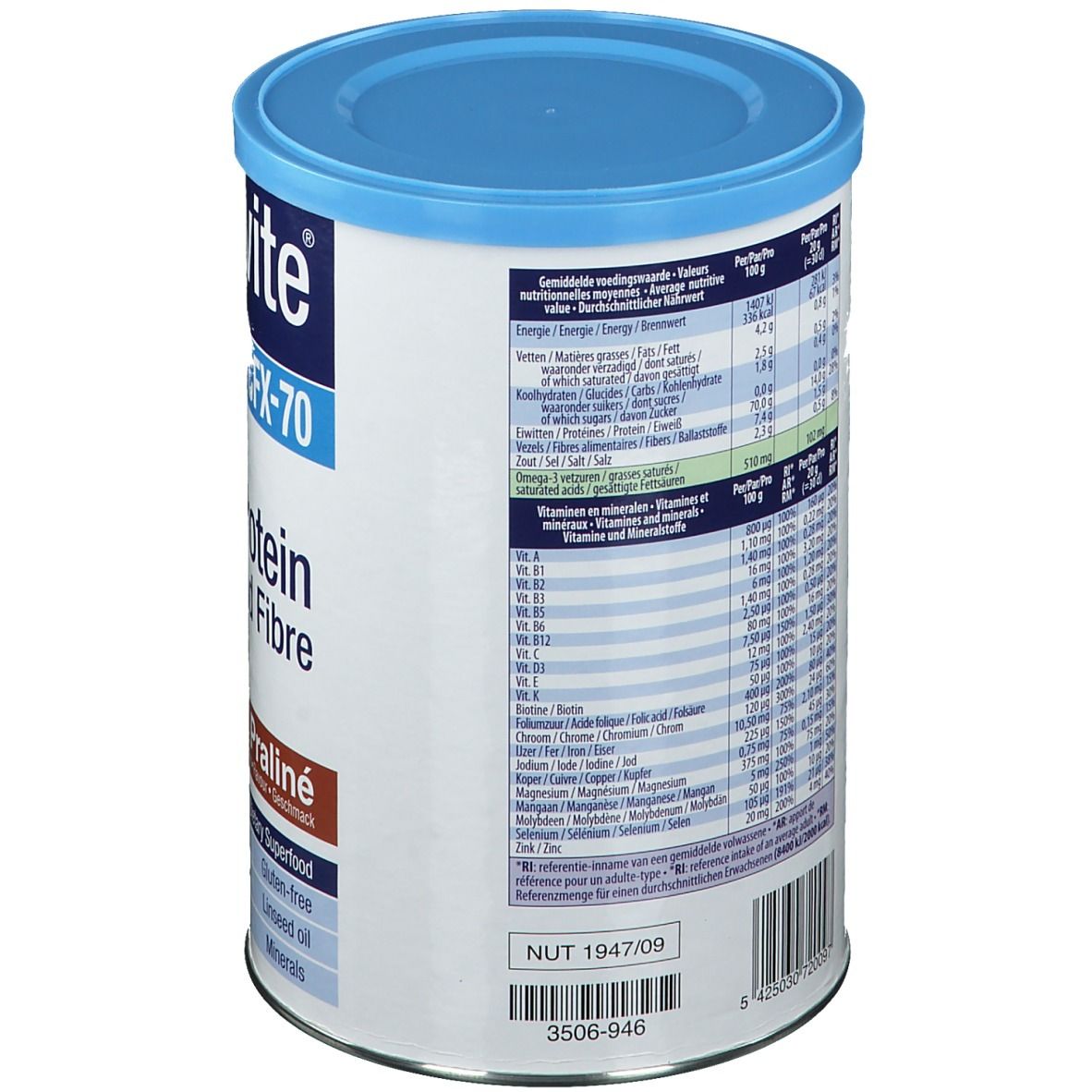 Boîte Aprovite CFX-70 avec couvercle bleu. Dos avec informations nutritionnelles et liste des ingrédients. Contient minéraux et vitamines.