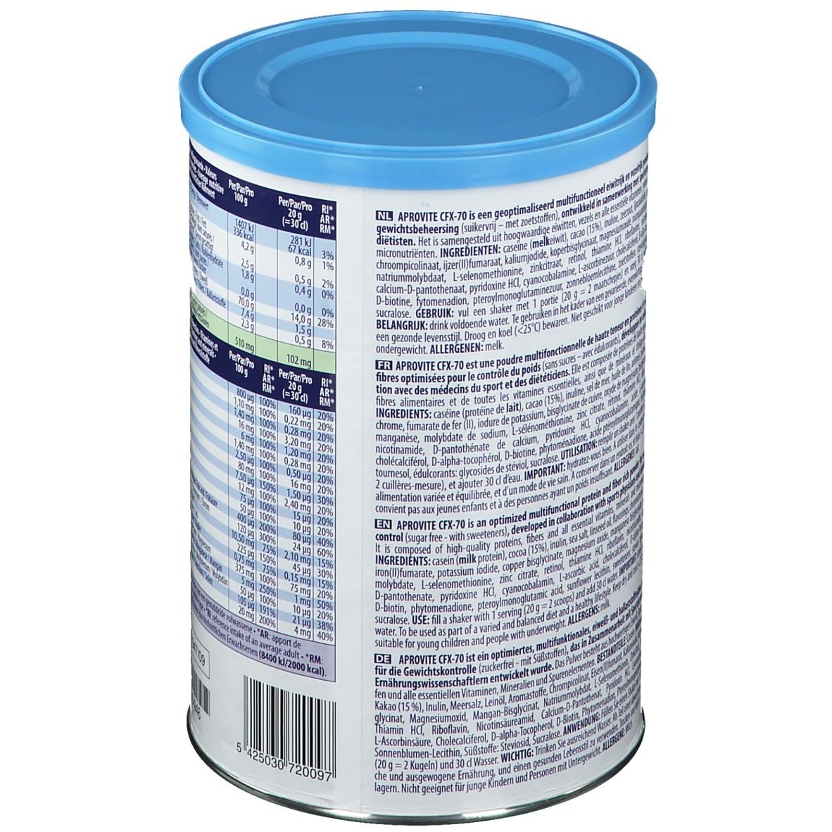 Boîte Aprovite CFX-70 avec couvercle bleu. Vue détaillée des informations nutritionnelles et de la liste des ingrédients. Contient des ingrédients.