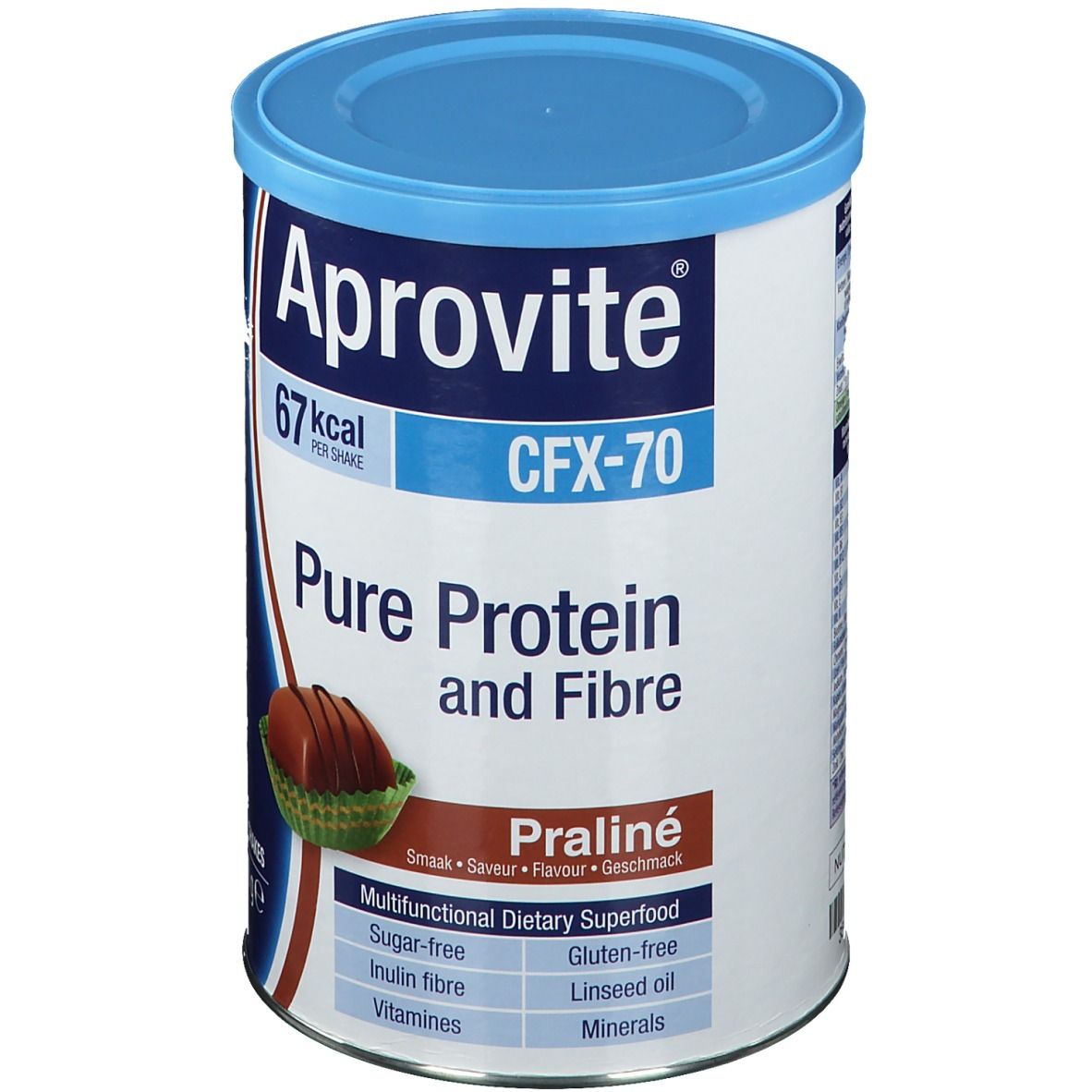 Boîte Aprovite CFX-70 avec couvercle bleu. Inscription: Pure Protein and Fibre, Praliné. Contient 15 portions.