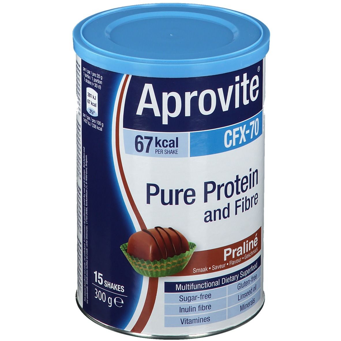 Boîte Aprovite CFX-70 avec couvercle bleu. Inscription: Pure Protein and Fibre, Praliné. Contient 15 portions, 300g.