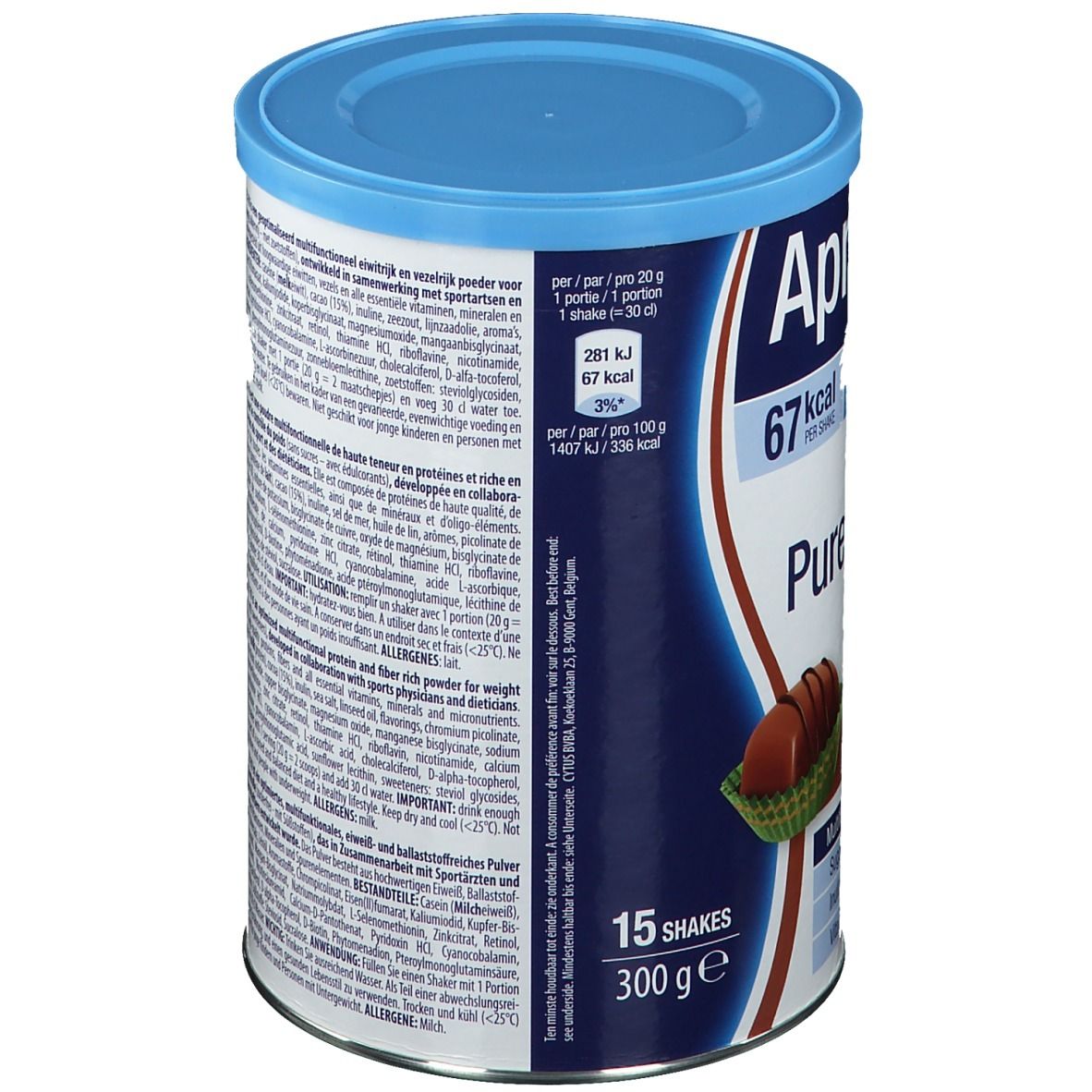Boîte Aprovite CFX-70 avec couvercle bleu. Vue détaillée des informations nutritionnelles. Contient 15 portions, 300g.