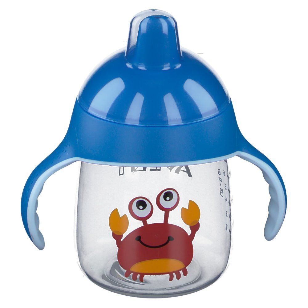 Gobelet bleu avec poignées et couvercle. Motif crabe. Inscription: Philips Avent.
