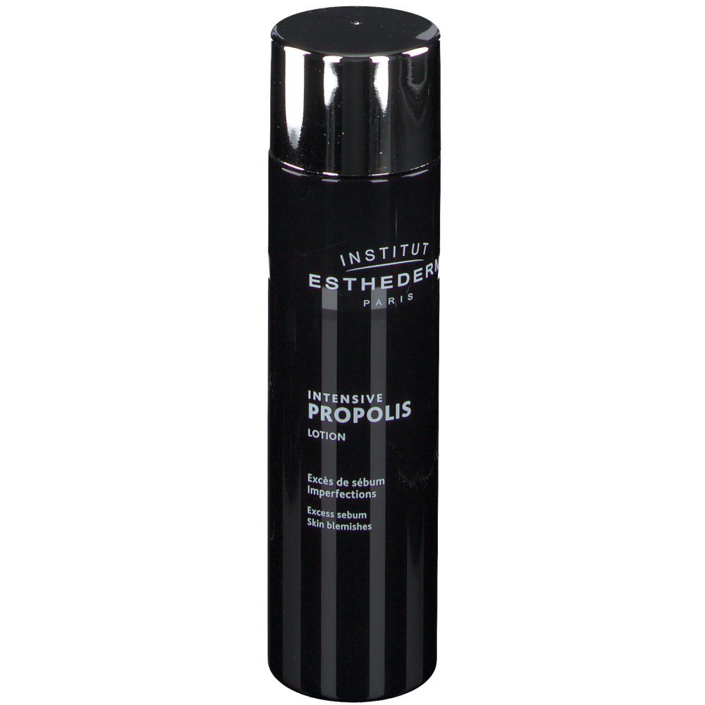 Flacon noir, bouchon argenté. INSTITUT ESTHEDERM PARIS. Inscription: Intensiv Propolis Lotion. Contre les imperfections.