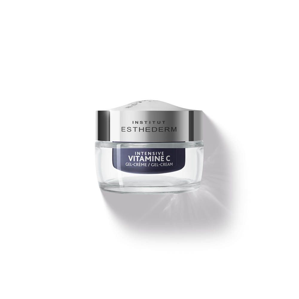 Pot de crème bleu foncé avec couvercle argenté. Inscription : INSTITUT ESTHEDERM, INTENSIVE VITAMINE C GEL-CRÈME.