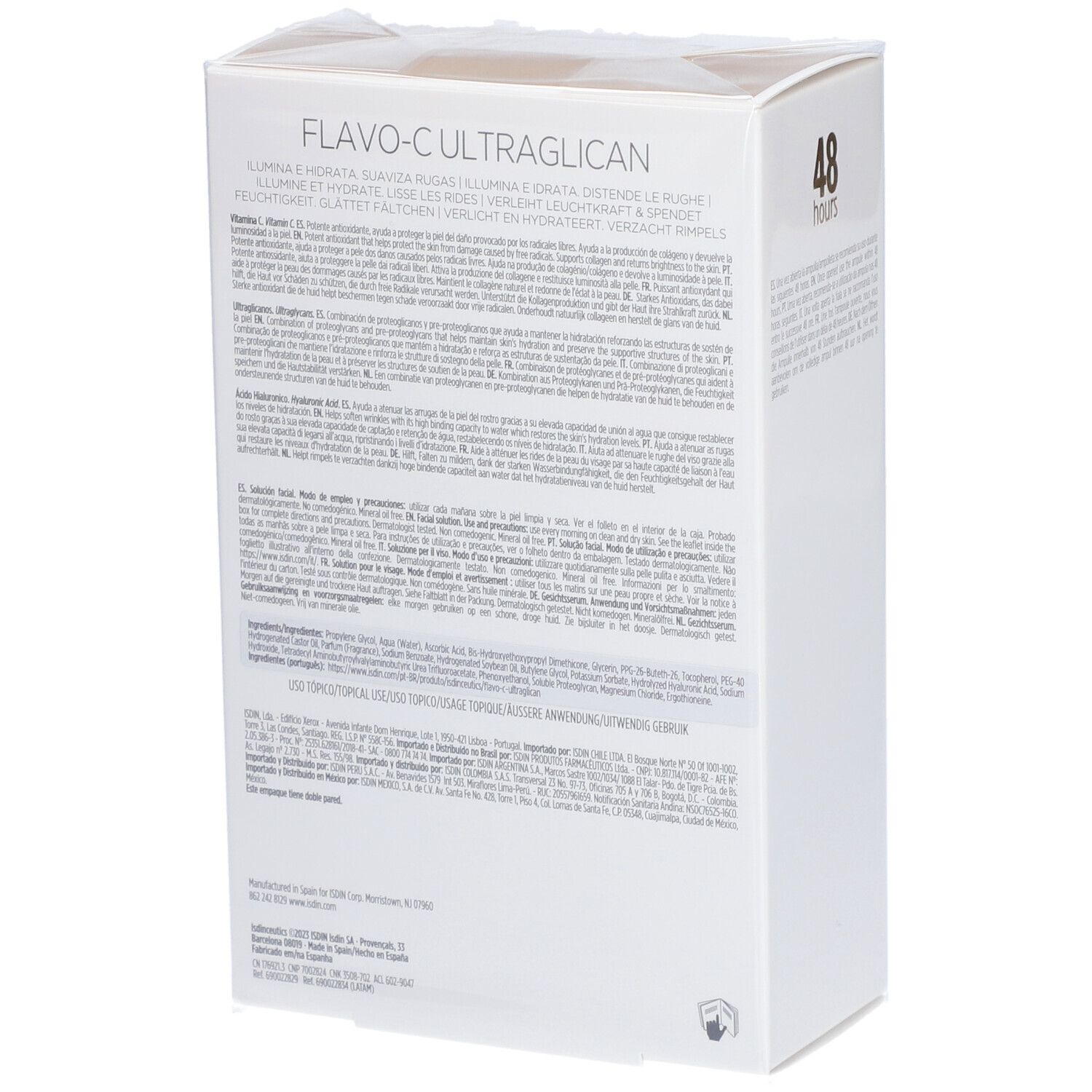 Rückseite des weißen Kartons. Produktname Flavo-C Ultraglican Serum. Text in mehreren Sprachen.