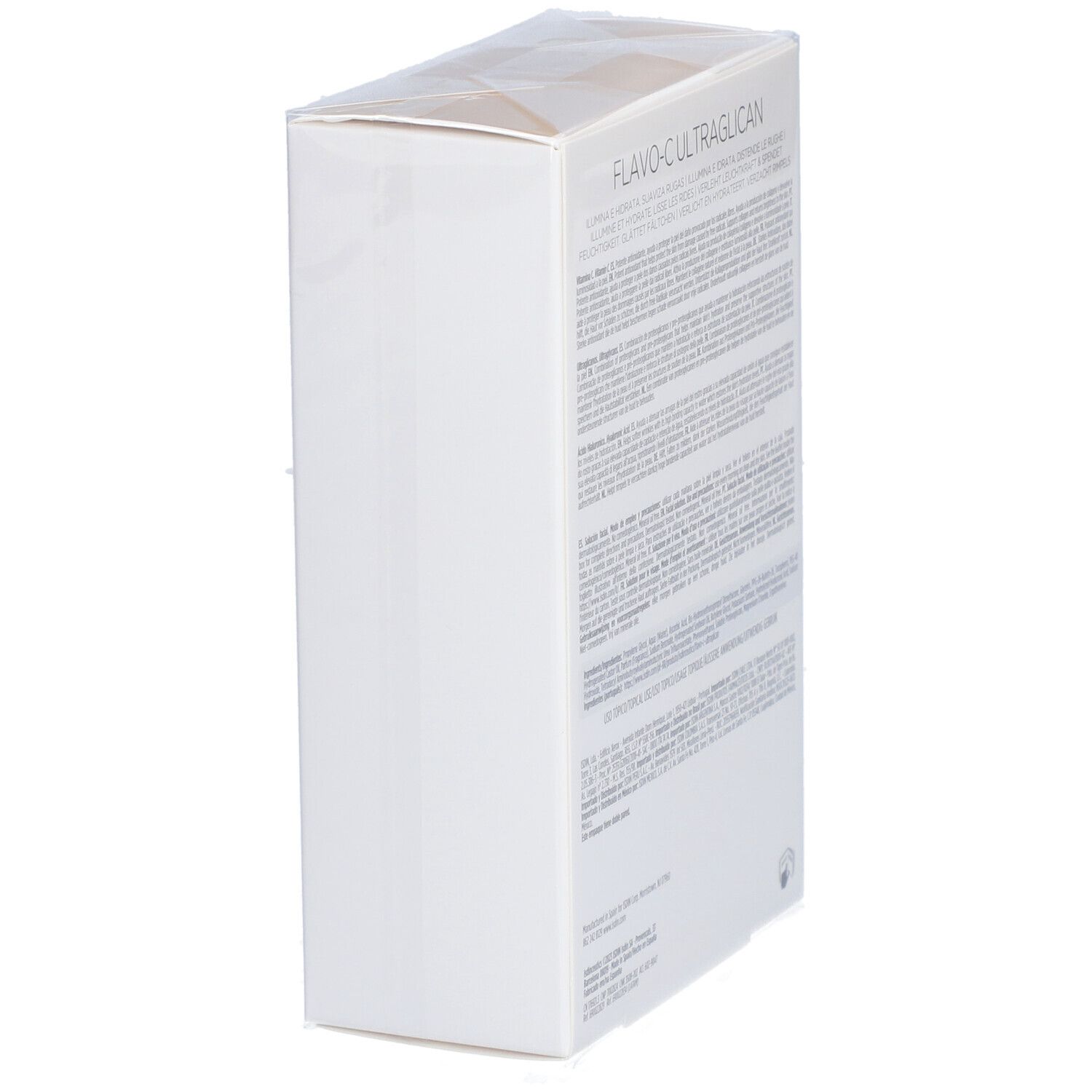 Seitenansicht des weißen Kartons. Produktname Flavo-C Ultraglican Serum. Text in mehreren Sprachen.