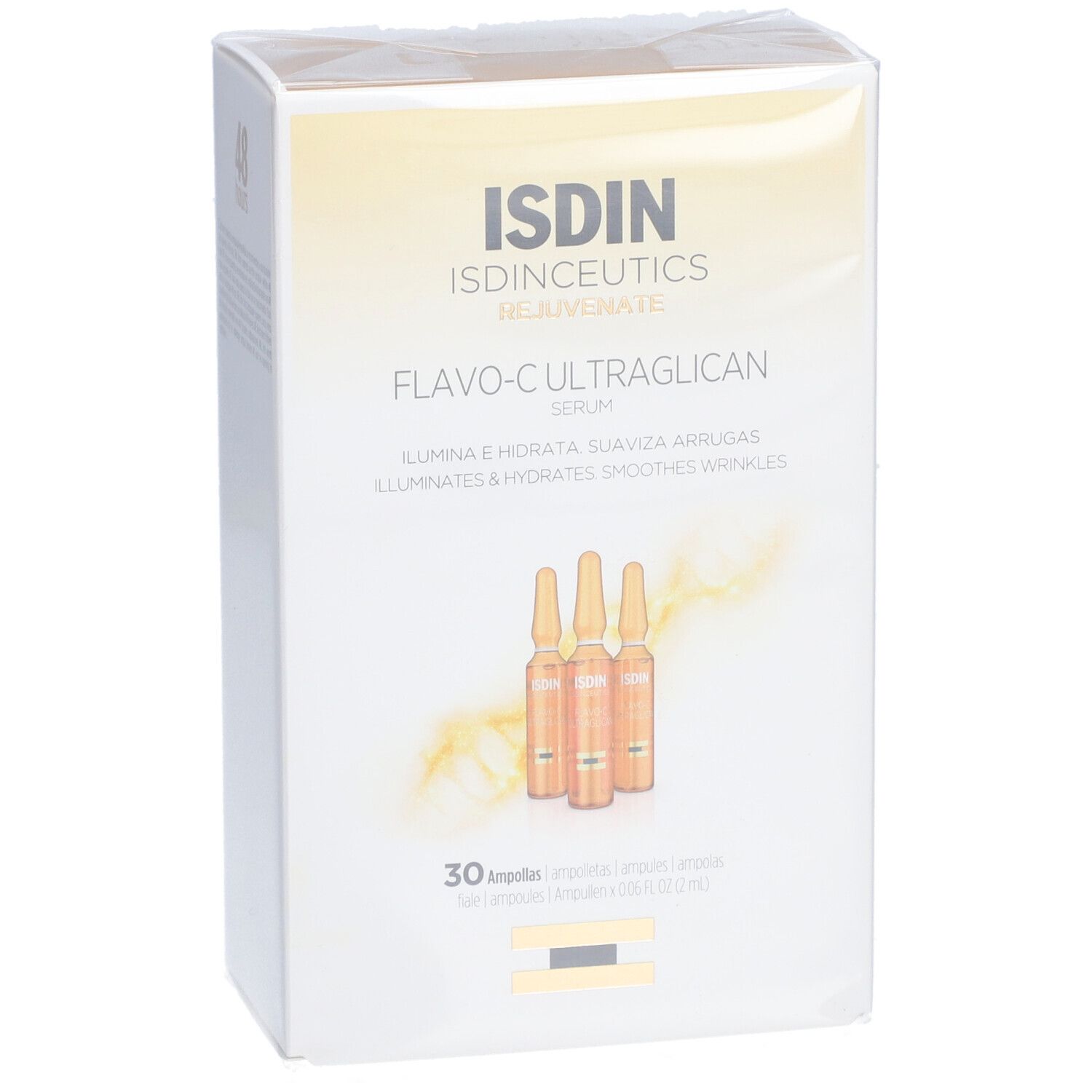 Weißer Karton mit ISDIN-Logo und Produktnamen Flavo-C Ultraglican Serum. Abgebildet sind Ampullen.