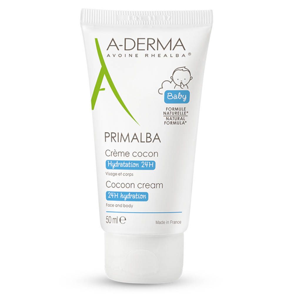Weiße Tube mit A-DERMA-Logo und Produktbezeichnung PRIMALBA Crème cocon. Baby-Illustration und 50 ml.