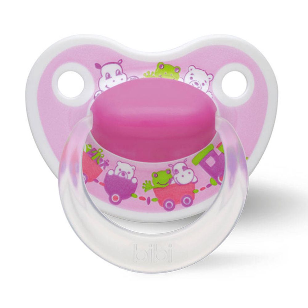 Sucette rose avec motifs animaux. Anneau transparent. Tétine rose.