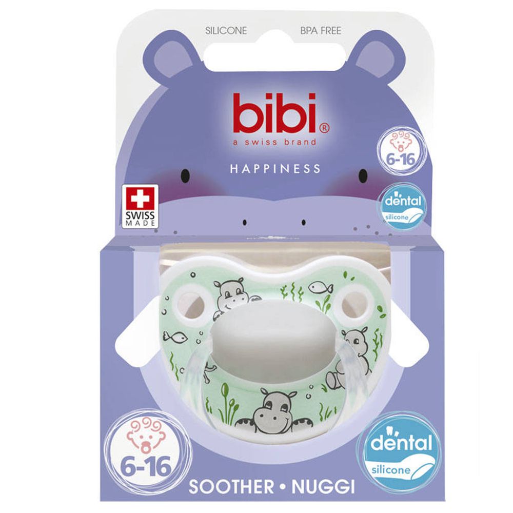 Emballage avec sucette verte. Marque: Bibi. Âge: 6-16 mois. Sans BPA.