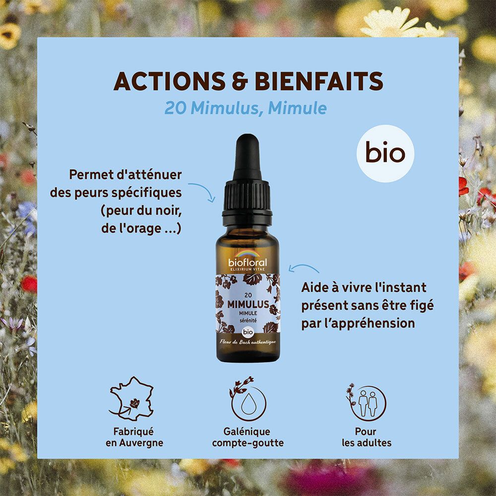 Produit avec flacon. Texte: Actions & Bienfaits, 20 Mimulus, Mimule. Label Bio. Texte: Fabriqué en Auvergne.