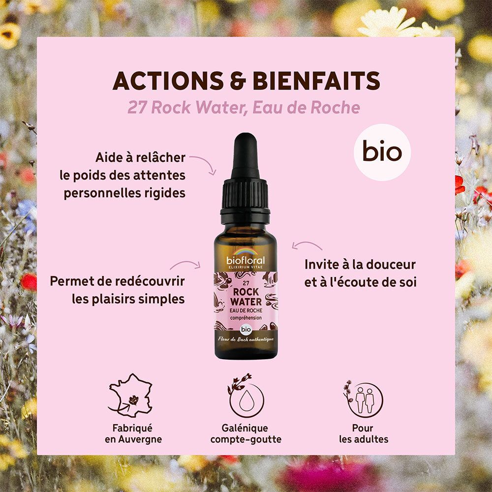 Fond rose avec flacon et texte. Texte : Actions & Bienfaits, label bio, Fabriqué en Auvergne.