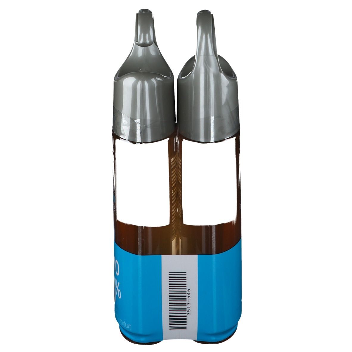 Deux flacons d'huile de douche en emballage. Bouchons gris, étiquettes bleues. Code-barres. Zones blanches vides.