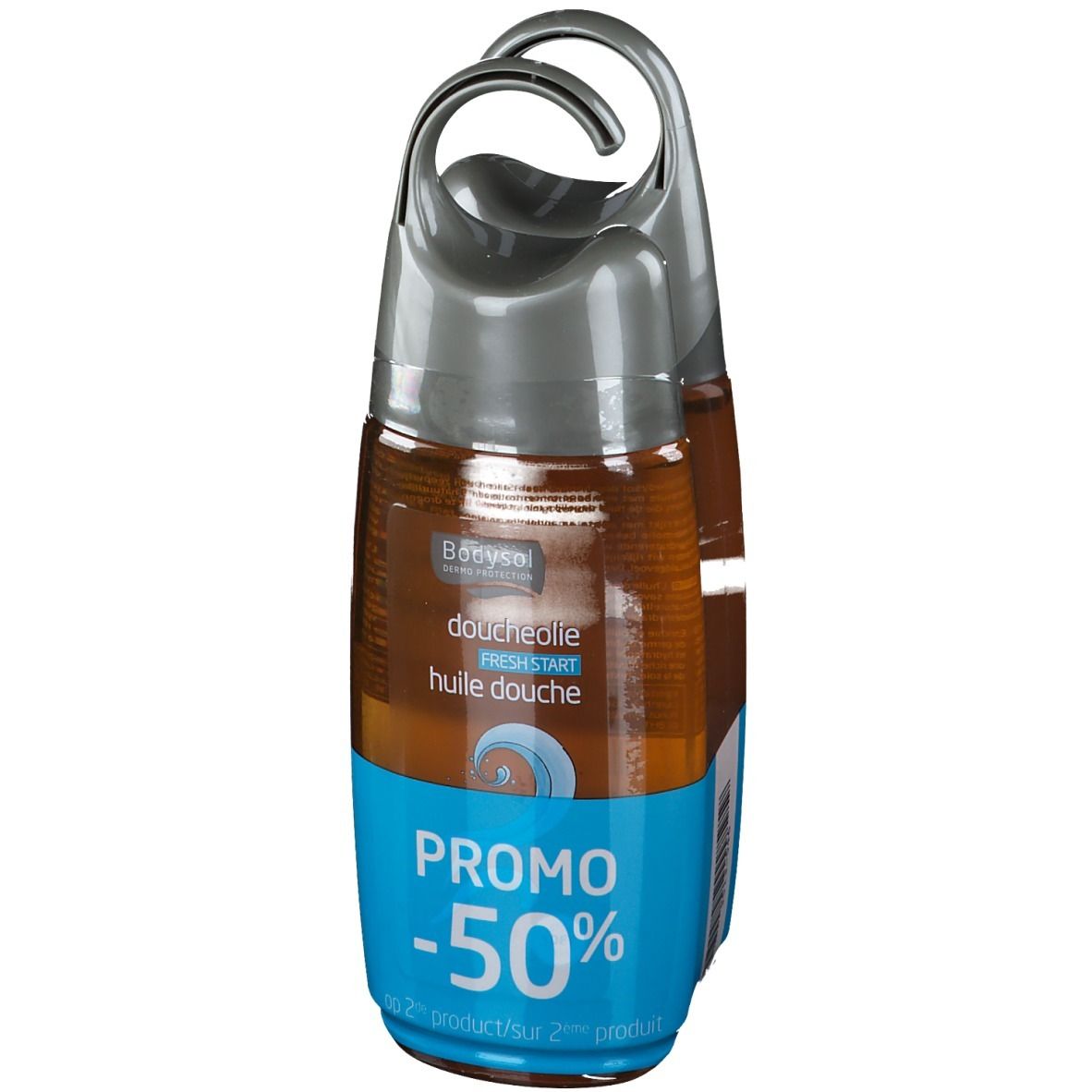 Deux flacons d'huile de douche en emballage. Bouchons gris, étiquettes bleues. Texte : Promo -50%.