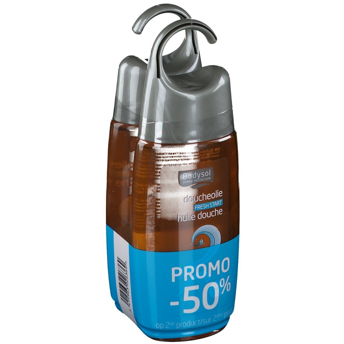 Deux flacons d'huile de douche en emballage. Bouchons gris, étiquettes bleues. Texte : Promo -50%.