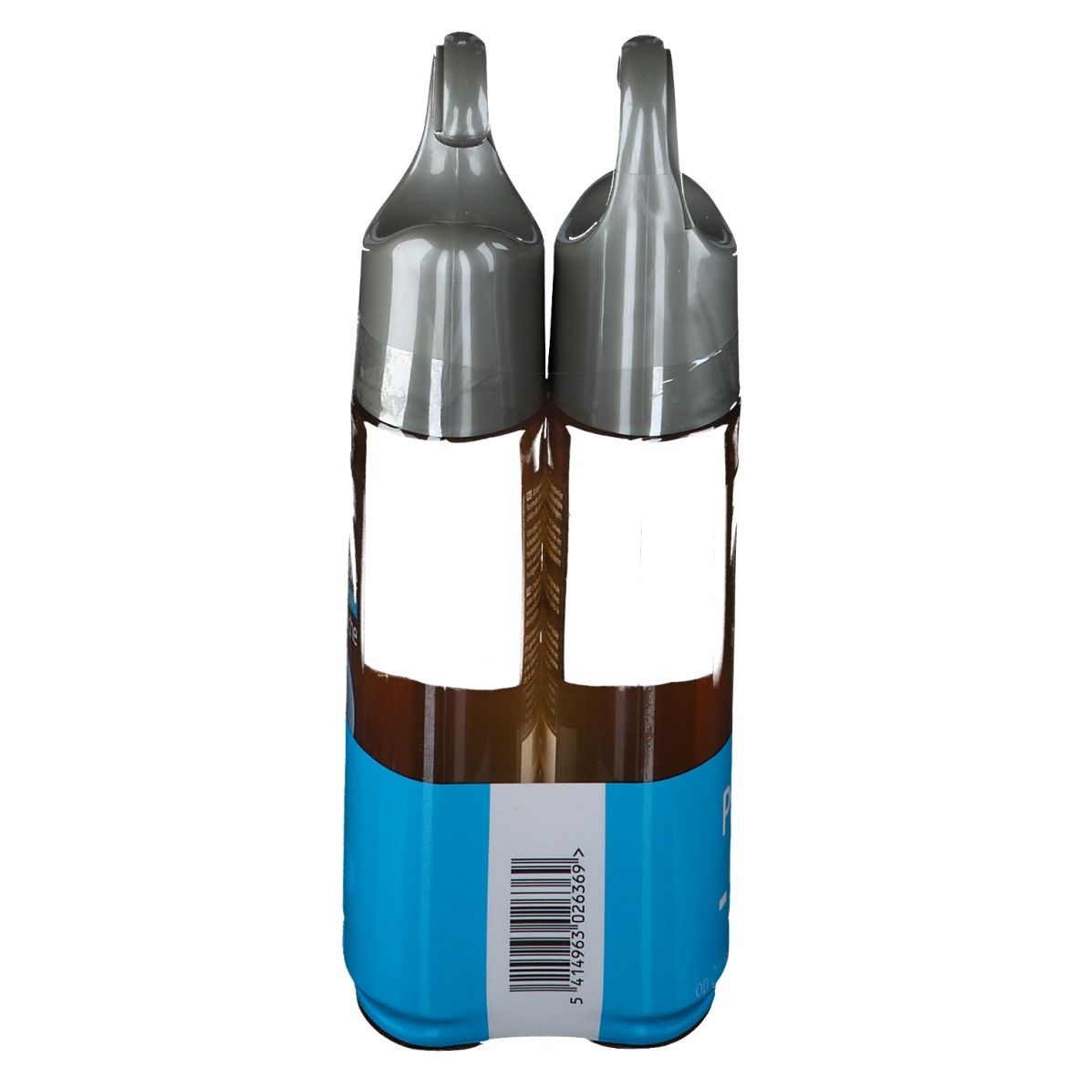 Deux flacons d'huile de douche en emballage. Bouchons gris, étiquettes bleues. Code-barres.