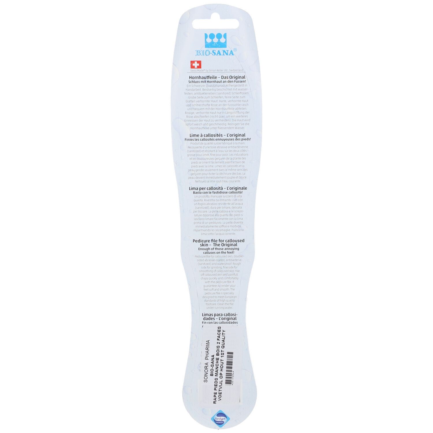 Rückseite der Hornhautfeile in Blisterverpackung. Text in Deutsch, Französisch, Italienisch, Englisch.