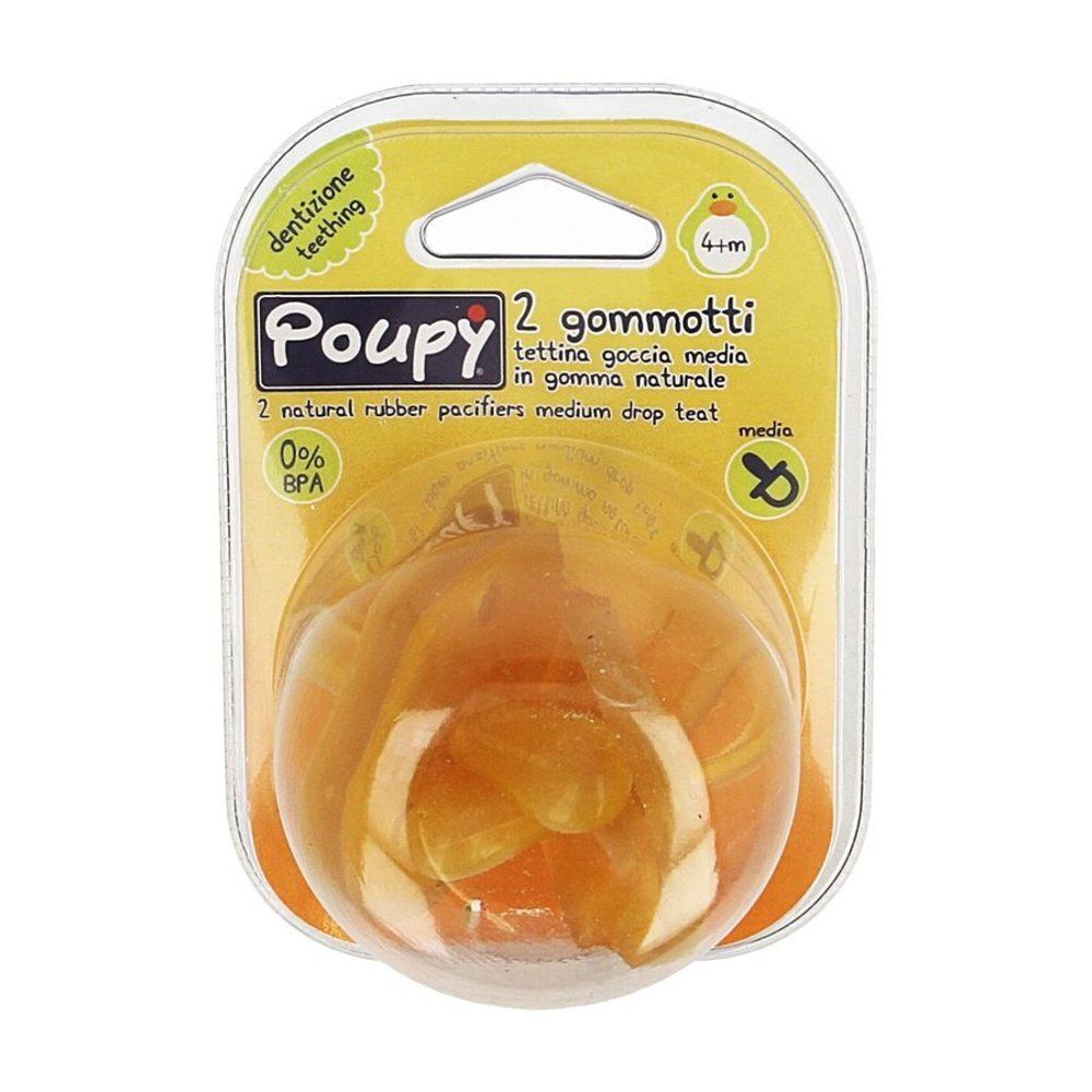Emballage de deux sucettes. Emballage jaune avec le nom du produit "Poupy". Texte "2 gommotti" et "tettina goccia media".