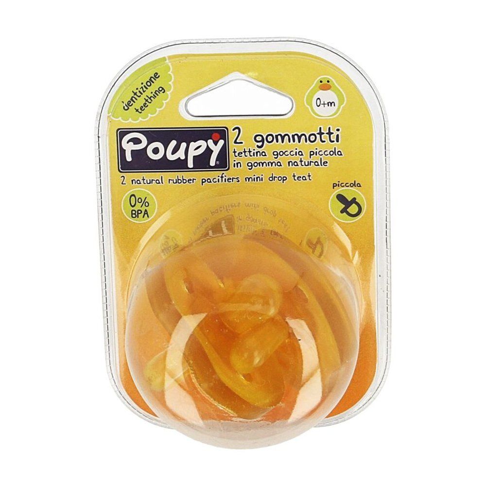 Verpackung mit zwei Schnullern. Gelbes Design mit Produktnamen Poupy. Text: 2 gommot, 0% BPA, 0+m.
