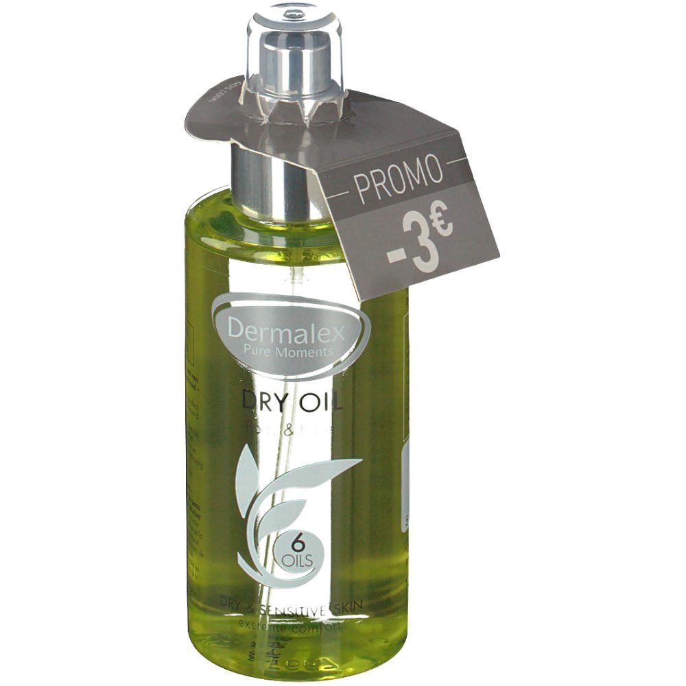 Flacon en verre vert avec vaporisateur et étiquette. Étiquette "-3€". "Dermalex Dry Oil" et "6 Oils" sont visibles.