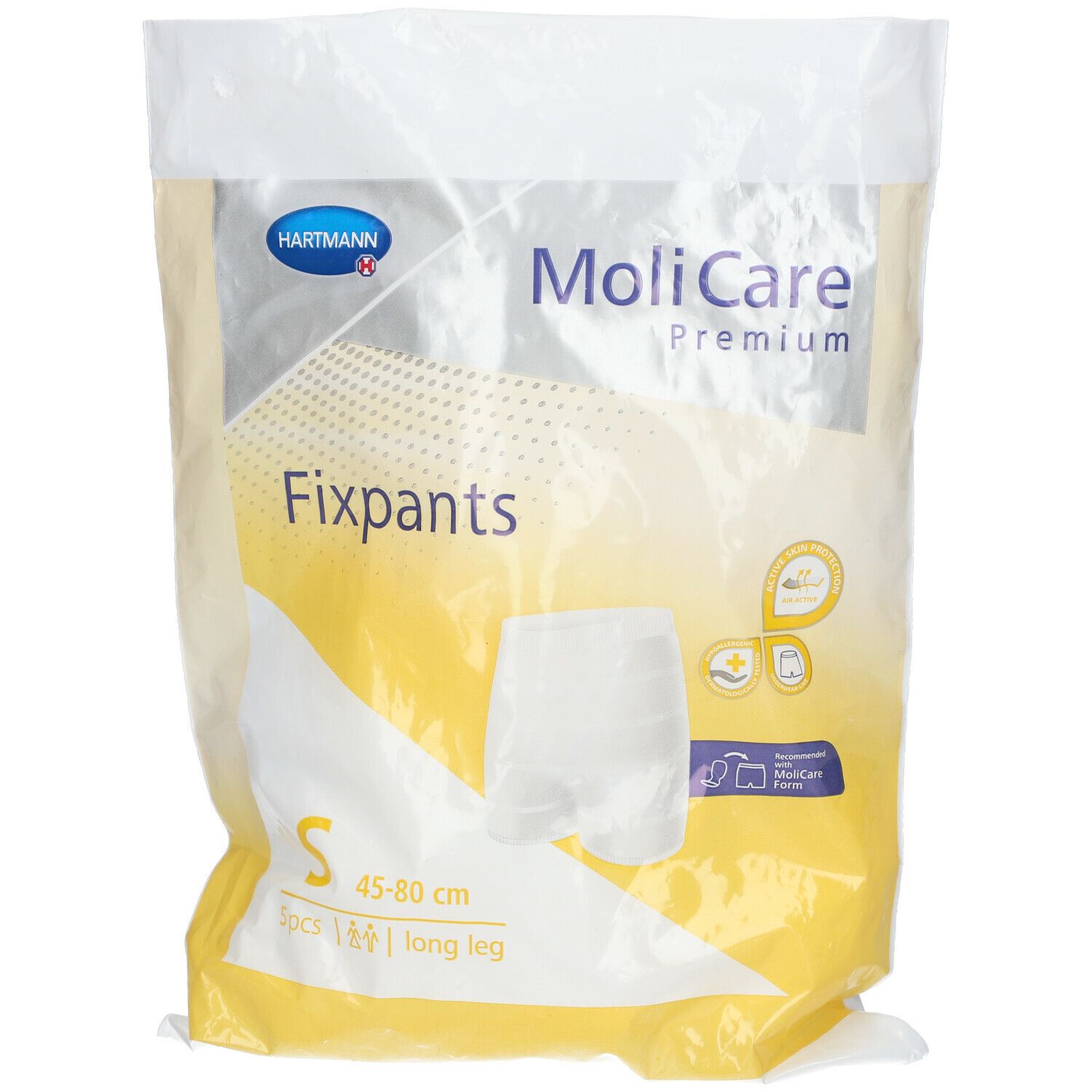 MoliCare Premium Fixpants, Größe S, in Verpackung. Sichtbar: Hartmann Logo, Fixpants, 45-80 cm, long leg.