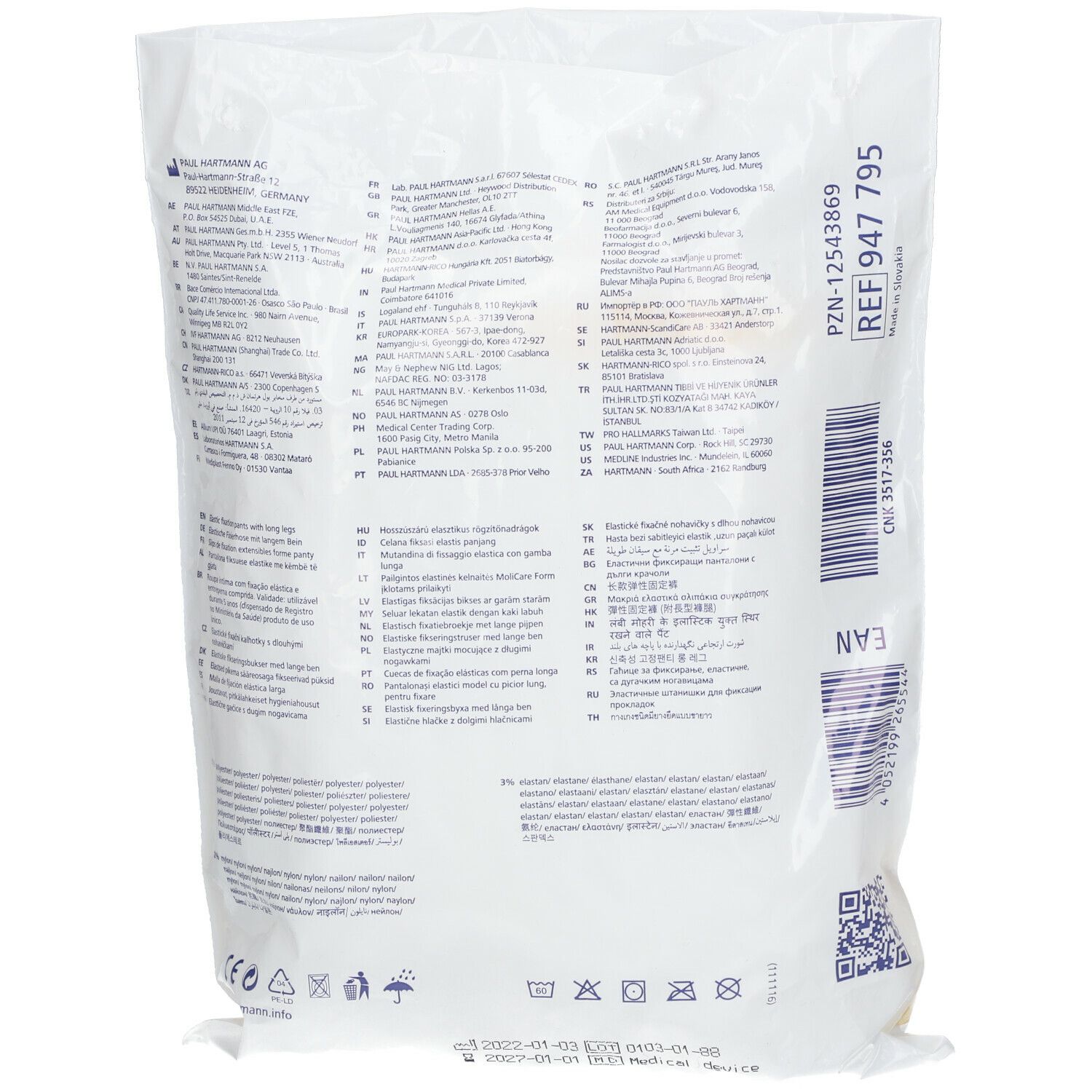 Rückseite der MoliCare Premium Fixpants Verpackung. Text in mehreren Sprachen, REF 947 795, EAN Code.