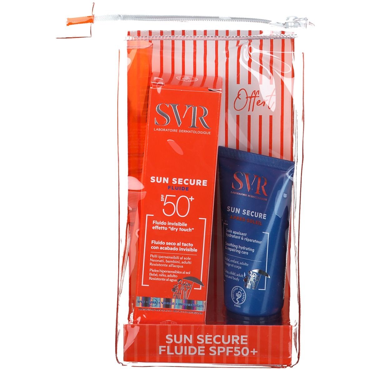 Set mit Sonnencreme und After-Sun-Lotion in transparenter Tasche. Rote und blaue Tuben und Schachtel mit Produktnamen und SPF 50+.