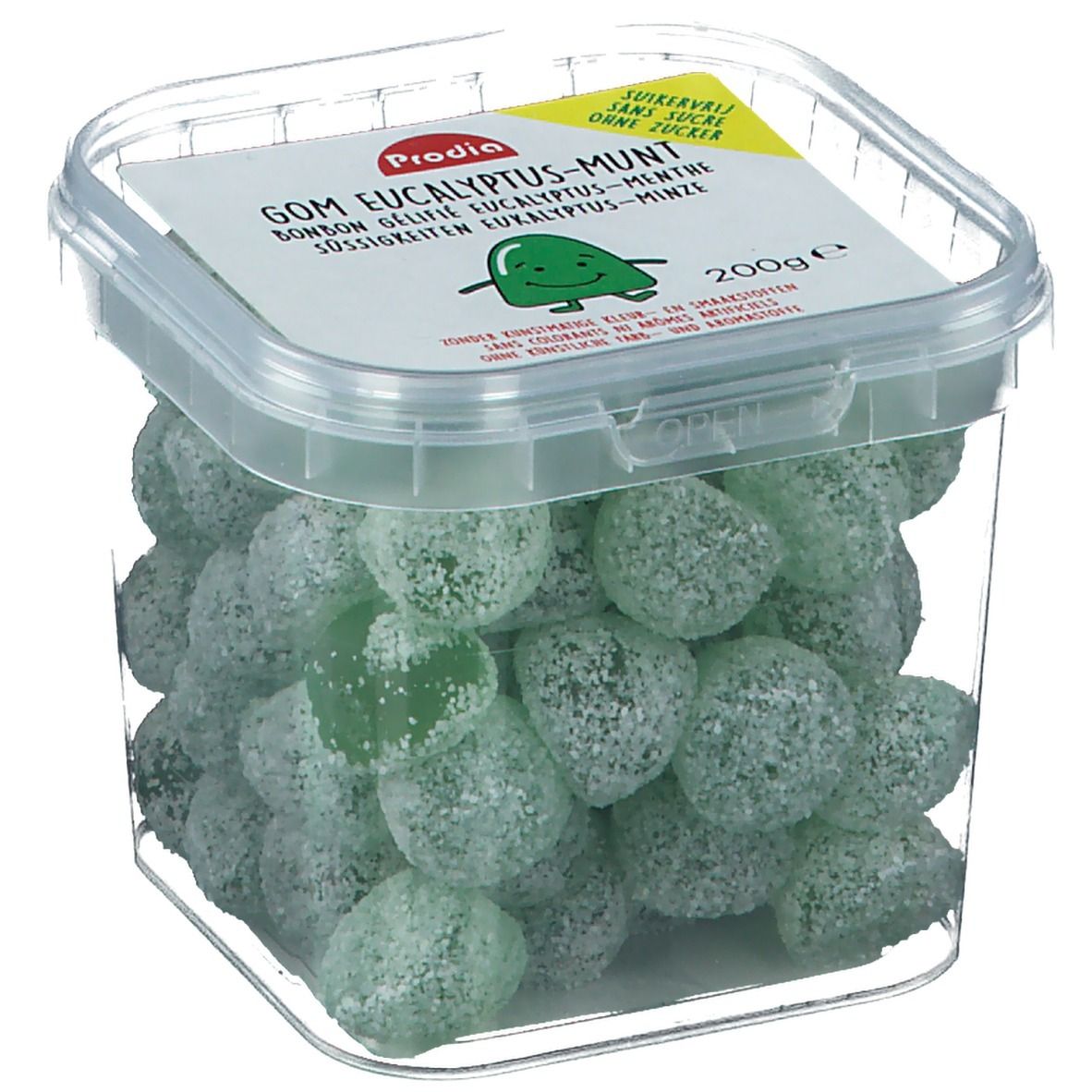 Boîte carrée transparente avec bonbons gélifiés verts. Sur le couvercle, "Gom Eucalyptus-Munt" est écrit.