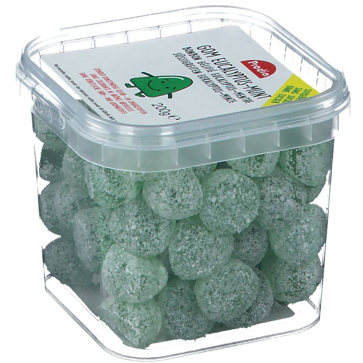 Boîte transparente avec bonbons gélifiés verts. Sur le couvercle, "Gom Eucalyptus-Munt" est écrit.