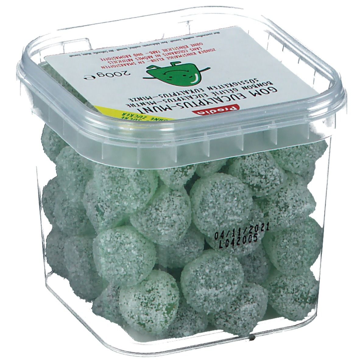 Boîte transparente avec bonbons gélifiés verts. Sur le couvercle, "Gom Eucalyptus-Munt". Date : 04/11/2021.