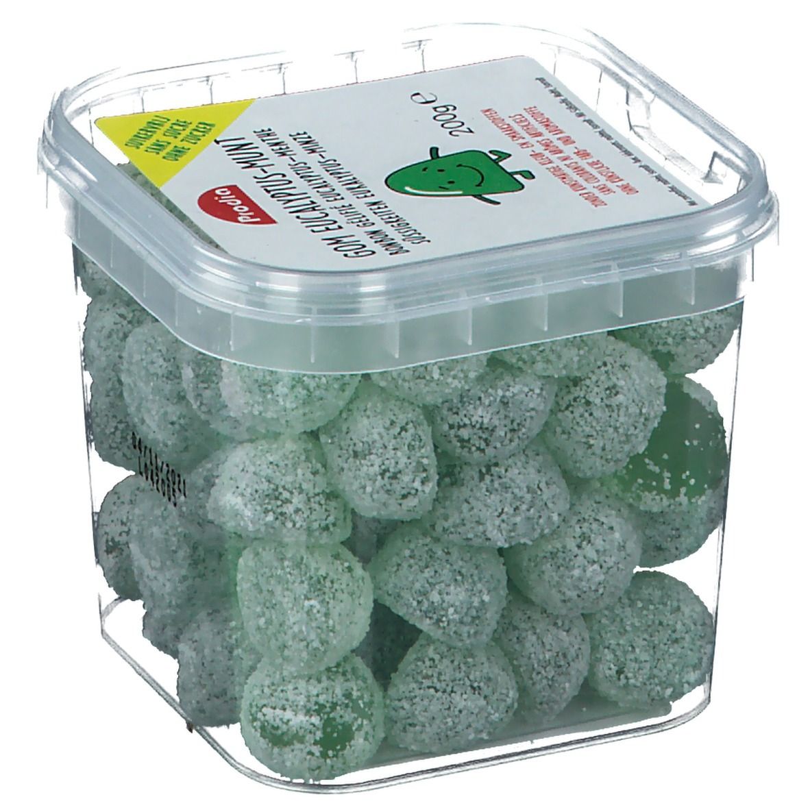 Boîte transparente avec bonbons gélifiés verts. Sur le couvercle, "Gom Eucalyptus-Munt" est écrit.
