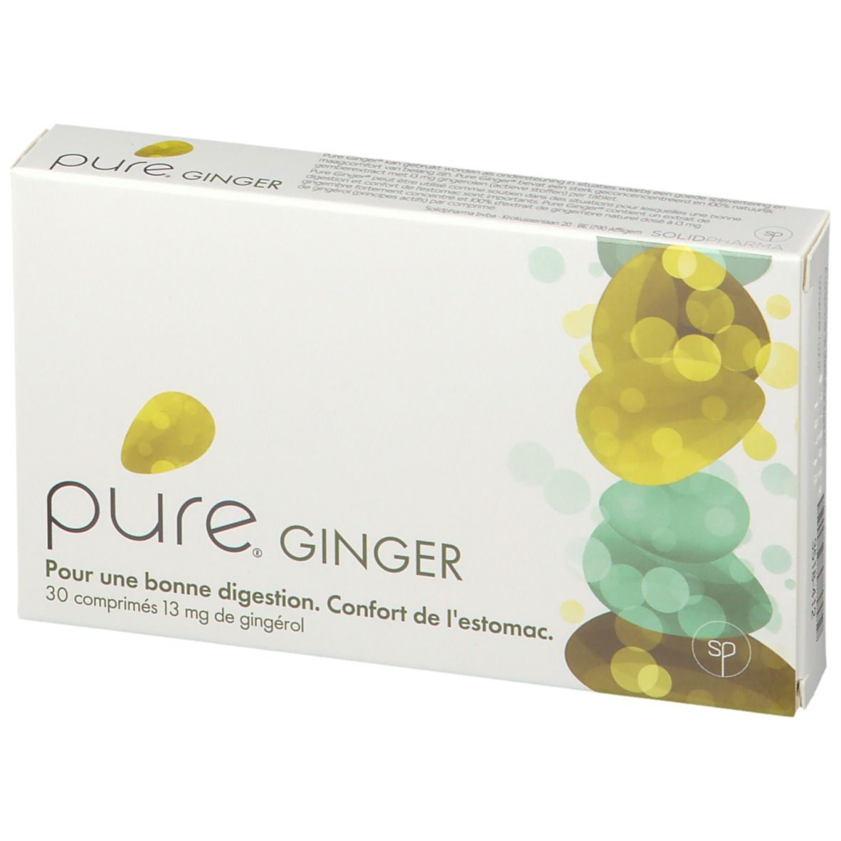Boîte blanche "pure. GINGER" avec texte et illustration jaune-vert. 30 comprimés, 13 mg de gingérol. Vue perspective.