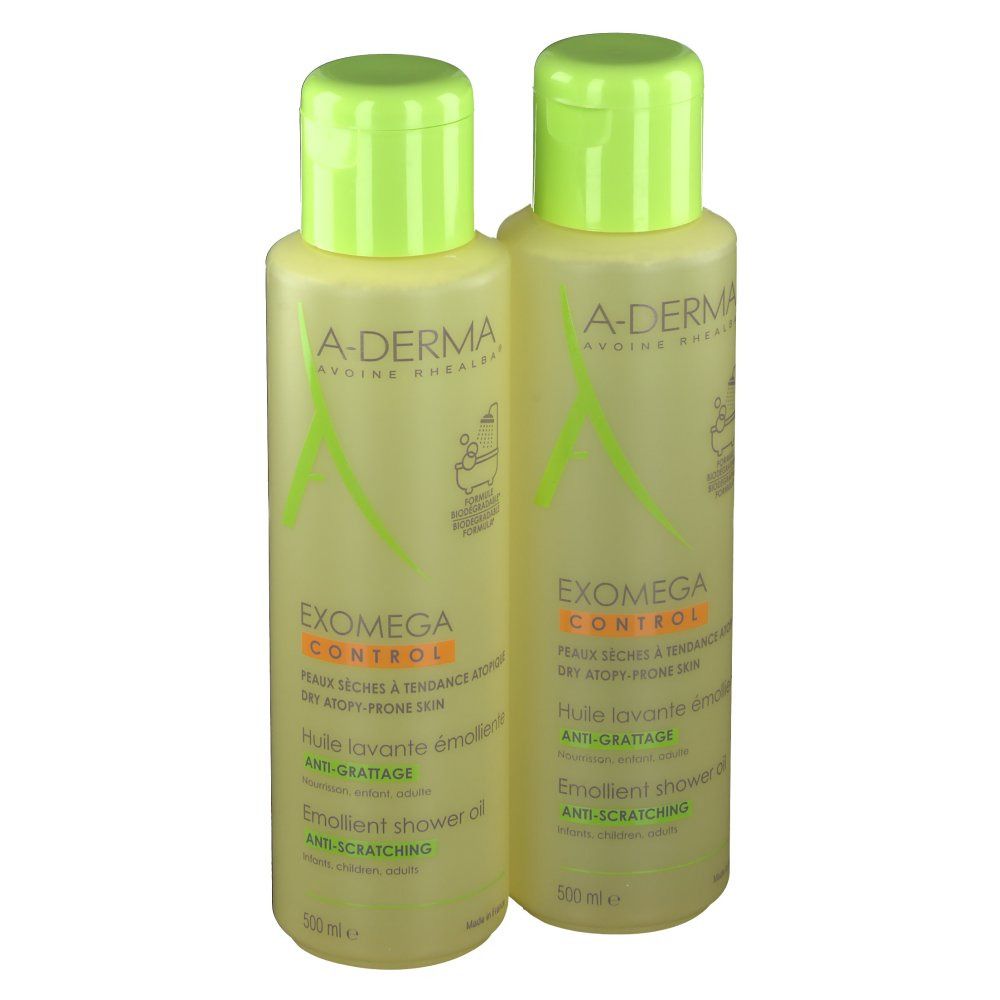 Zwei Flaschen A-DERMA Exomega Control Reinigungsöl. Gelbe Flaschen mit neongrünen Deckeln. Text: Exomega Control, Emollient shower oil.