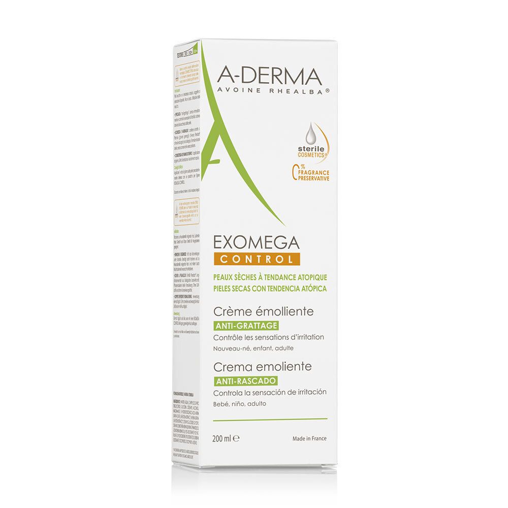 A-Derma EXOMEGA Control Creme, Verpackung. Weiße Schachtel mit grünem Logo und Produktbezeichnung. 200 ml.