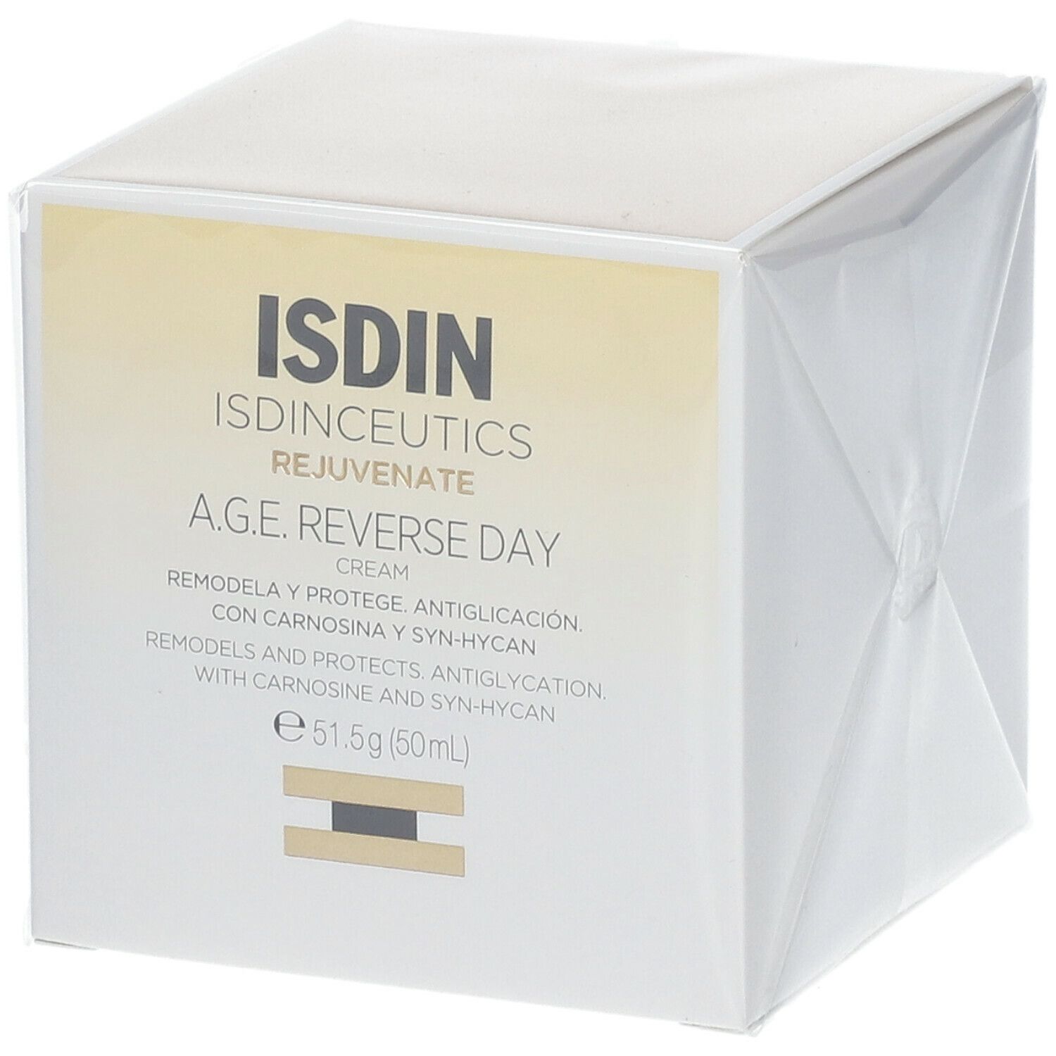 Weißer Karton mit Produktinformationen. Aufschrift: ISDIN, A.G.E. Reverse Day Cream. Inhalt: 51,5g (60ml).