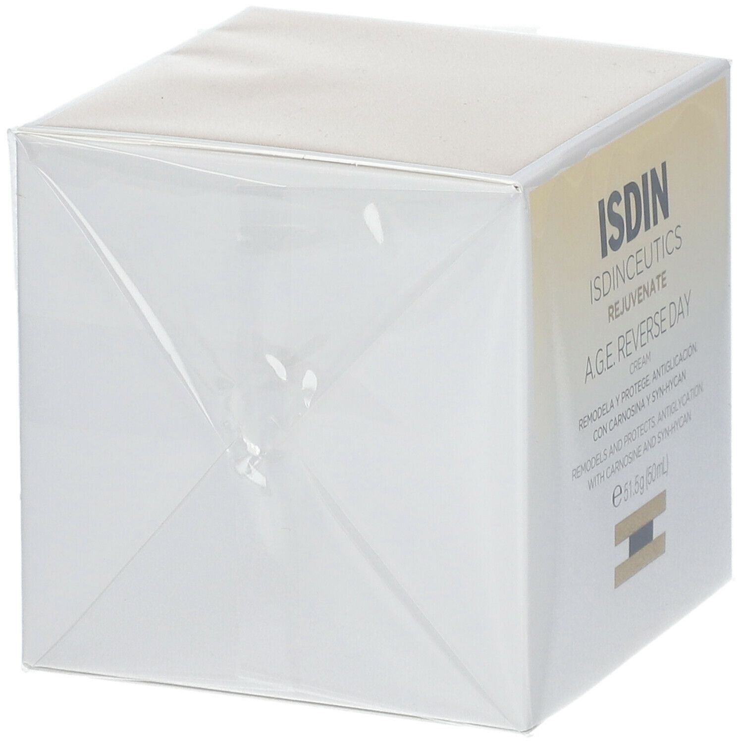 Weißer Karton, in Folie verpackt. Aufschrift: ISDIN, A.G.E. Reverse Day Cream. Inhalt: 51,5g (60ml).