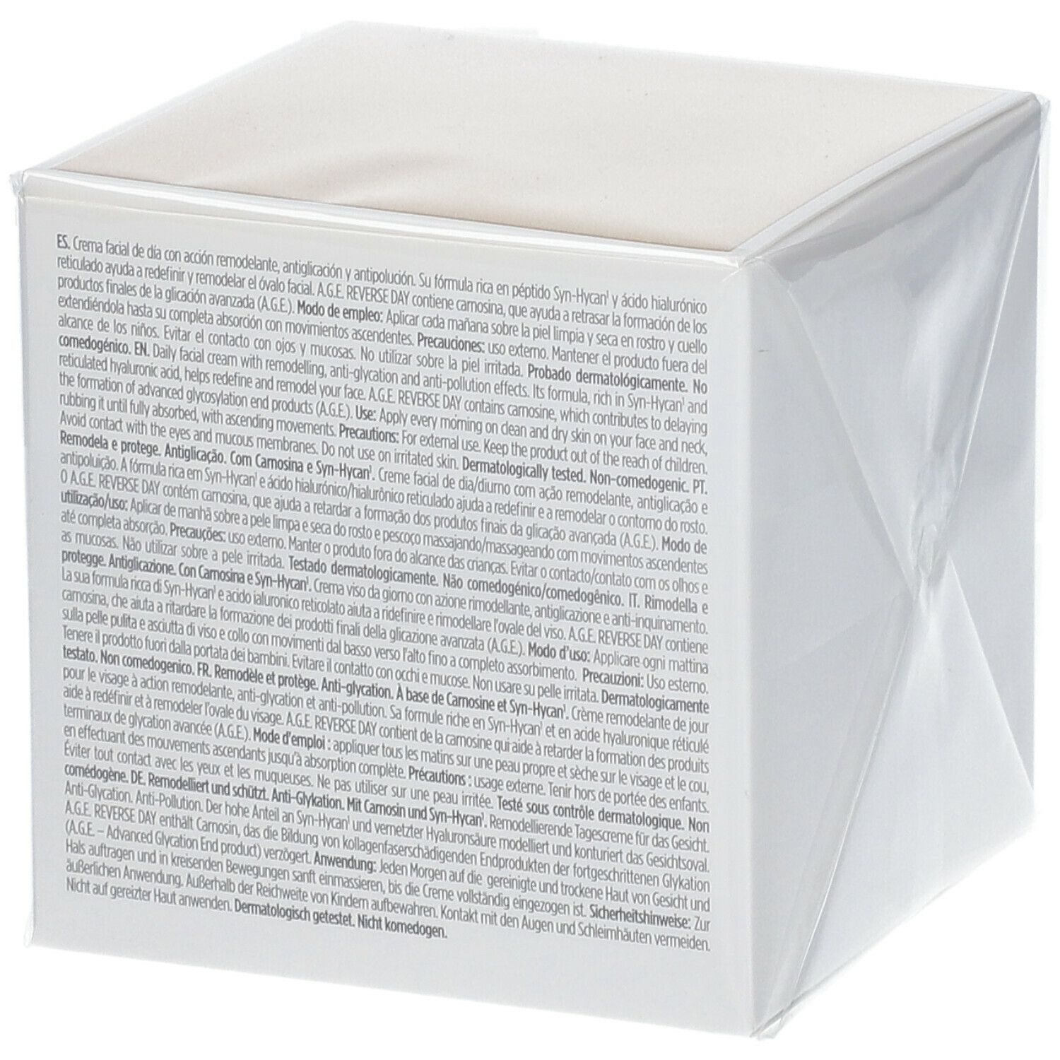 Rückseite eines weißen Kartons mit Text. Aufschrift: ISDIN, A.G.E. Reverse Day Cream. Inhalt: 51,5g (60ml).