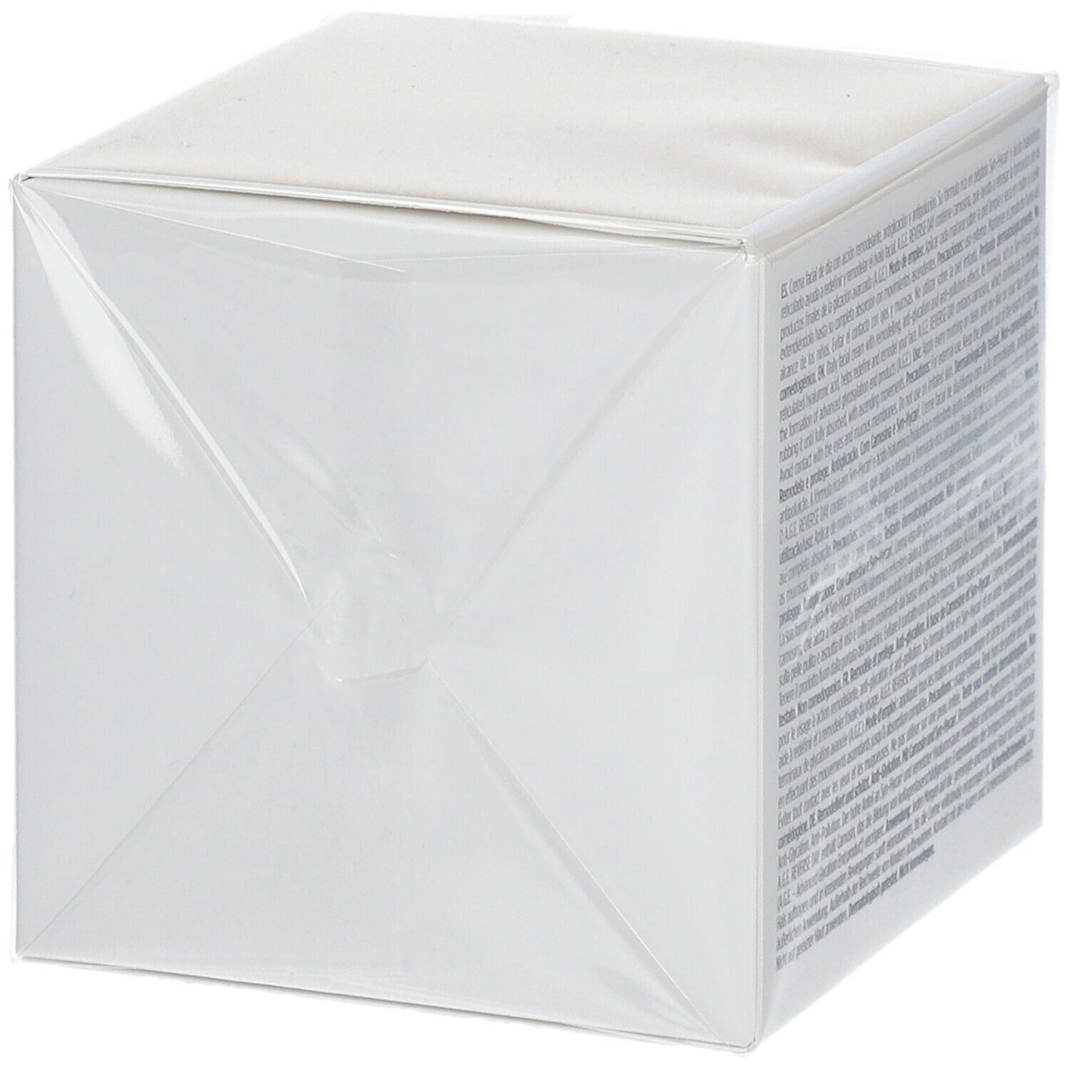 Rückseite eines weißen Kartons, in Folie verpackt. Text. Aufschrift: ISDIN, A.G.E. Reverse Day Cream. Inhalt: 51,5g (60ml).