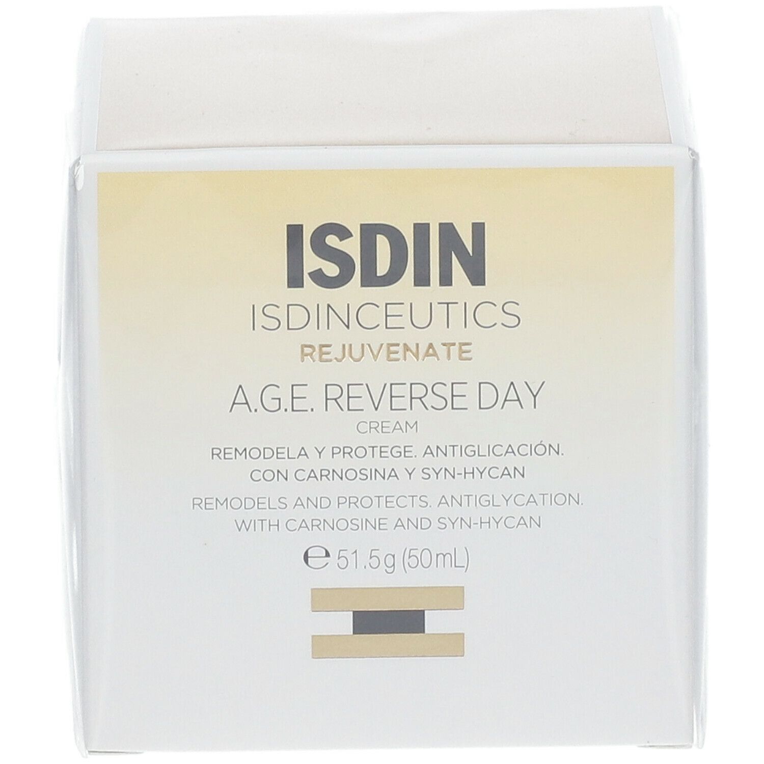 Weißer Tiegel mit goldfarbenem Deckel. Aufschrift: ISDIN, A.G.E. Reverse Day Cream. Inhalt: 51,5g (50ml).