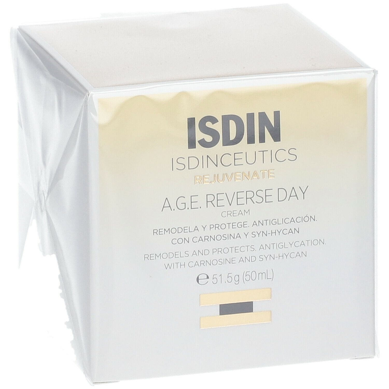Weißer Tiegel mit goldfarbenem Deckel, in Folie verpackt. Aufschrift: ISDIN, A.G.E. Reverse Day Cream. Inhalt: 51,5g (50ml).