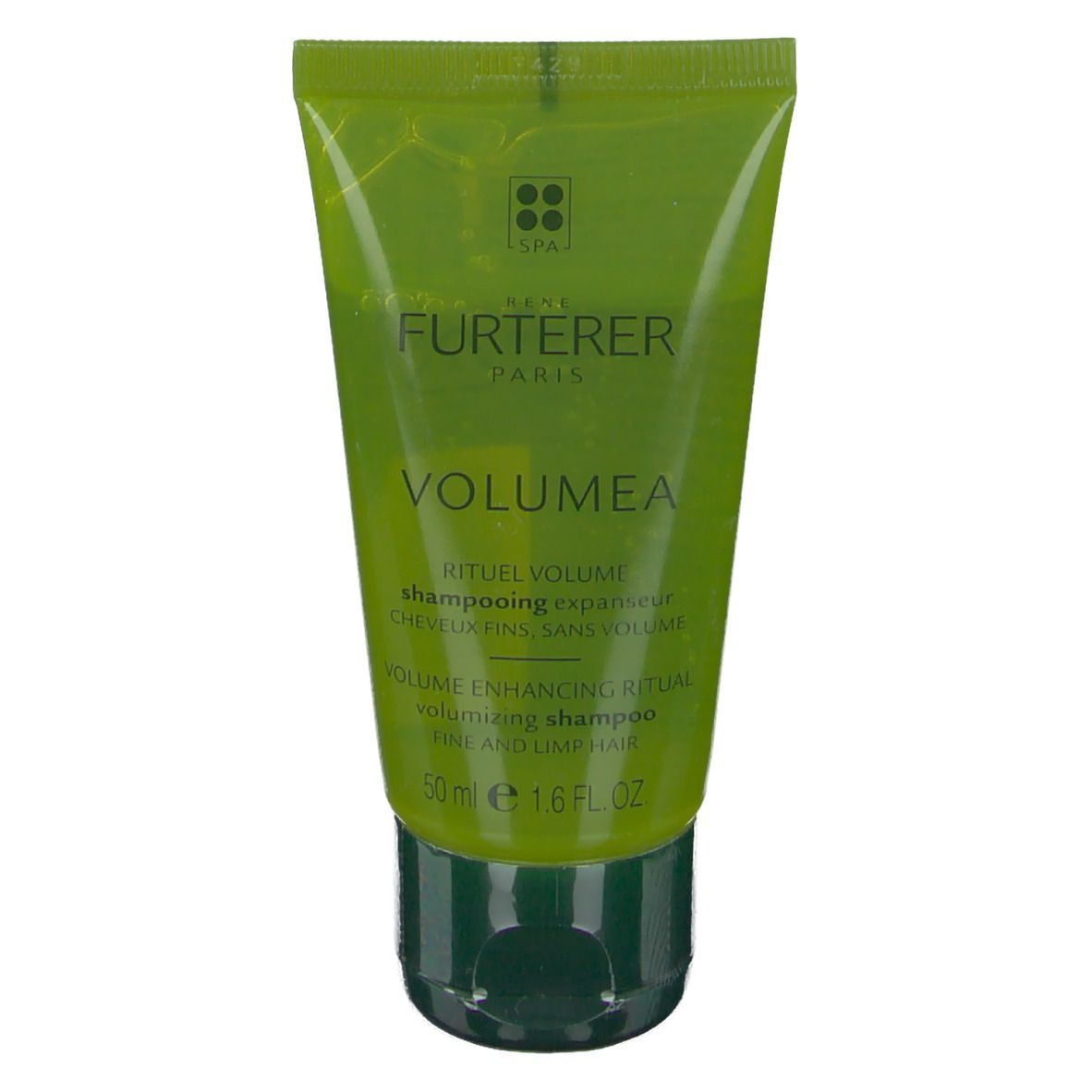 Grüne Tube mit Shampoo. Aufschrift: FURTERER PARIS, VOLUMEA, RITUEL VOLUME, volumising shampoo. 50 ml.