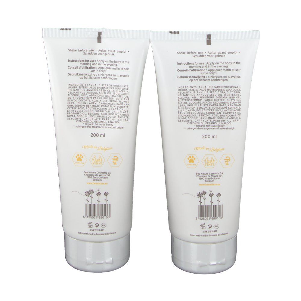 Vue arrière de deux tubes de Body Milk. Tubes blancs avec informations produit et ingrédients.