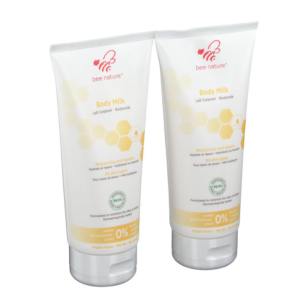 Deux tubes de Body Milk. Tubes blancs avec accents jaunes et informations produit. Logo: Biene Nature.