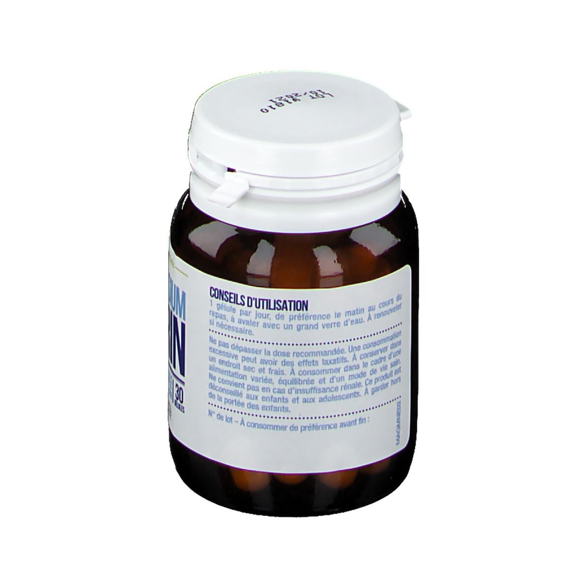 Flacon brun, bouchon blanc. Texte au dos. Gélules visibles. Marque: Nutrisanté.